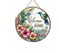 Cartel de Bienvenida Madera "Bienvenido a nuestro hogar" de madera rústica: decoración puerta Art Déco redonda 8x8 pulgadas, perfecta for primavera y verano para el hogar(20x20)