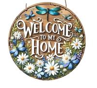 Cartel de Bienvenida Madera Letrero de corona madera redondo, rústico, 2D, plano, 1 pieza, 8 pulgadas, decoración primavera/verano "Bienvenido a mi hogar" para el hogar(40x40)