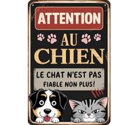 Cartel De Chapa Atención Au Chien Le Chat N'Est Pas Fiable Non Plus Retro Metal Estaño Signo Rústico Decoración De Pared Para Jardín Carretera Patio S