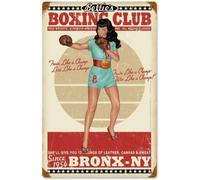 Cartel De Chapa Bettie Page, Chica Pin-Up del Club De Boxeo del Bronx Letrero De Estaño Decoración Tin Sign Vintage Placa Metalica para Restaurante Baño Cafetería 20X30CM