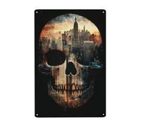 Cartel De Chapa Calaveras Y Ciudades Arte Sintético Moderno Creativo Calaveras Y Ciudades Arte Letrero De Estaño Decoración Pared Muestra Vintage Tin Sign para Restaurante Garaje 20X30CM