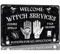 Cartel De Chapa Carteles De Metal Exterior Letreros Metalicos para Cueva Habitación Pub 20X30Cm Bruja De Halloween Bienvenida Servicios De Brujas Maldiciones Hechizos