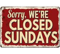 Cartel De Chapa Cerrar Lo Sentimos, Estamos Cerrados Los Domingos Retro Vintage Aviso Rojo Tienda Restaurante Desgastado Placa Metalica Retro Tin Sign Decoración Pared Muestra para Baño 20X30CM