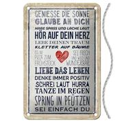 Cartel de chapa con cordón, 18 x 12 cm, con texto en alemán "Motivation Hör auf dein Herz, Genieße die Sonne Glaub an Dich - Blechemma