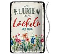 Cartel de chapa con cordón, 30 x 20 cm, con texto en alemán "Blumen sind das Lächeln der Erde - Blechemma