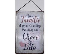 Cartel de chapa con cordón, 30 x 40 cm, con texto en alemán "Unsere Familie ist die richtige Mischung aus Chaos & Liebe - Blechemma