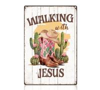 Cartel De Chapa Cristianismo del Cactus Occidental Caminando con El Cristianismo Letrero De Metal Impermeable Cartel De Metal Vintage Placa Metálica para Clube Cocina Patio 20X30Cm