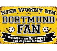 Cartel de chapa de 14 x 20 cm para fans del fútbol, aquí vive un fan de Dortmund, placa de pared, placa para puerta, placa de puerta, divertido mensaje de fútbol, artículo para fans