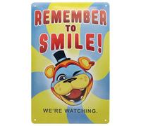 Cartel de chapa de Five Nights at Freddy's - Arte de pared de terror con licencia oficial - "Remember to Smile, We're Watching!" - Decoración coleccionable de metal para jugadores y fans - 280 x 175