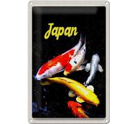 Cartel de chapa de viaje, 20 x 30 cm, Japón, Asia, Koi, Peces, rojo, oro blanco, cartel de tinta, signo