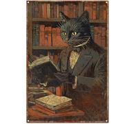 Cartel De Chapa Divertida Biblioteca con Temática De Gato Erudito Vintage para Leer Letrero De Estaño Retro Tin Sign Decoración Pared Muestra para Cafetería Casa Garaje 20X30CM