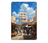 Cartel De Chapa Escena Del Mercado Del Casco Antiguo Con Un Velero En Un Bazar De Oriente Medio Duradero Letrero Metálico Divertido Letrero De Hierro Para Hogar Garaje Aseo S