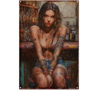 Cartel De Chapa Estampado con Temática De Chicas Vintage, Chicas Tatuadas del Bar, Estilo Retro Divertido Placa Metalica Vintage Tin Sign Decoración Pared Muestra para Garaje Baño 20X30CM