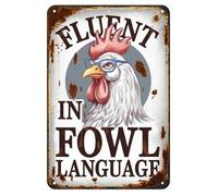 Cartel De Chapa Gracioso Gallo Que Habla con Fluidez El Lenguaje De Las Gallinas (Estampado De Pollo) Póster Metal Retro Decoración Letrero De Estaño para Hogar Pub M