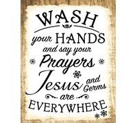 Cartel De Chapa Lávate Las Manos Y Reza. Jesús, Gérmenes por Todas Partes. Tin Sign Retro Letrero De Estaño Decoración Placa Metalica para Garaje Restaurante Cafetería M