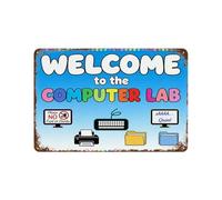 Cartel De Chapa Letrero De Metal Pub Carteles 20X30Cm Bienvenido Al Laboratorio De Computación. Ilustraciones De Impresoras Y Carpetas, “No Se Permite Comer Ni Beber” Y “Shhh, Silencio”.