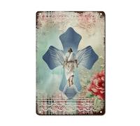 Cartel De Chapa Metálica, Pascua Cruz Azul Religioso Cristianismo Rosa Roja 14 De Febrero, Placa Metálica para La Pared Decorativo, Duradero Señal De Advertencia para Garaje Bar, 20X30Cm