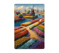 Cartel De Chapa Paisaje Rural Holandés Vibrante con Flores Multicolores Y Molinos Tradicionales, Estética Moderna. Pared Muestra Regalos Placa Metalica Decoración Tin Sign para Baño 20X30CM