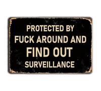 Cartel De Chapa Patio Divertido Protegido por Advertencia De Vigilancia De Fuck Around & Find out Pared Muestra Decoración Placa Metalica Novedad Tin Sign para Restaurante Garaje 20X30CM