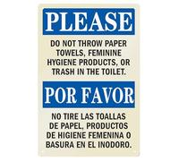 Cartel De Chapa por Favor, No Tire Toallas De Papel, Productos De Higiene Femenina Ni Basura Al Inodoro. Bilingüe Pared Muestra Decoración Placa Metalica Retro Tin Sign para Garaje Baño 20X30CM