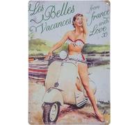 Cartel de chapa retro vintage para fans de los scooters italianos, 30 x 20 cm, con texto en inglés "Les Belles Vacances - From France with Love"