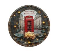 Cartel de chapa roja vintage con cabina telefónica de Londres