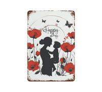 Cartel De Chapa Saludos Alegres: Una Encantadora Silueta De Una Madre Y Un Niño Entre Amapolas Rojas Con Letras Feliz Día Placa Metalica Retro Tin Sign Novedad Letrero De Estaño Para Hogar S