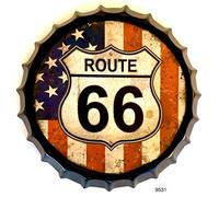 Cartel de Chapa Tapón de Botella Ruta 66 Bandera Americana Decoración Vintage Americano de Metal 42x42 cm (Route 66 Bandera USA)