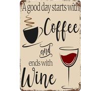 Cartel De Chapa Un Buen Día Empieza Con Café Y Termina Con Vino Pared Muestra Decoración Placa Metalica Novedad Tin Sign Para Baño Cafetería Restaurante S