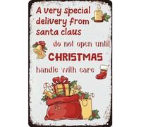 Cartel De Chapa Una Entrega Muy Especial De Papá Noel. No Abrir hasta Navidad. Manipular con Cuidado. Papá Noel Navideño Retro. Placa Metalica Novedad Pared Muestra Tin Sign para Baño 20X30CM
