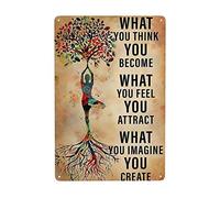 Cartel De Chapa Yoga Vintage Retro con Árbol Lo Que Piensas Conviértete En Sentir Imágenes Moda Arte Vacaciones Letrero De Estaño Decoración Tin Sign Vintage Pared Muestra para Casa Baño 20X30CM