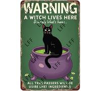 Cartel de estaño vintage con diseño de gato negro con texto en inglés "Warning A Witch Lives Here All Trespassers Will Be Used As Ingredients In The Brew", arte de pared para el hogar u oficina