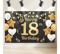 Cartel de feliz cumpleaños 18 y telón de fondo para fotos, suministros de fondo de fiesta de oro negro para hombres y mujeres, letrero de accesorios y decoración, 180 x 110 cm