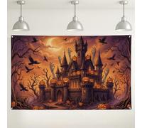 Cartel de fondo de escena de Halloween de castillo embrujado, 71 x 43 | Arquitectura espeluznante, telón de fondo de fotografía, calabazas brillantes, bosque espeluznante, dramático horizonte