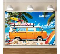 Cartel de fondo de fiesta hawaiana de verano de 10 x 8 pies, camión naranja, palmera tropical, tabla de surf, fondo de fotografía para verano, vacaciones, cumpleaños, fiesta, suministros de decoración