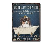 Cartel de hojalata con texto en inglés "Australian Shepherd Co Bath Soap Wash Your Paws Restoring Ancient Ways Garage Home Cafe Bar Farm Wall Bathroom Decor The Mural 30.5 cm x 40.6 cm - Cartel de