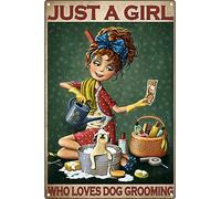 Cartel de hojalata con texto en inglés "Just A Girl Who Loves Dog Grooming Poster", regalo para peluquería de perros, decoración de salón de aseo de perros, póster de decoración vintage para pared,