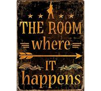 Cartel de hojalata con texto en inglés "The Room Where It Happens", cartel musical vintage para decoración del hogar, póster de decoración de pared, letrero de metal, póster de 8 x 12 pulgadas