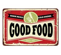 Cartel de hojalata con texto "Good Food", "Comidas calientes y bebidas frías", vintage, para cafeterías, bares, pubs, tiendas, decoración de pared, divertido, retro, para hombres y mujeres, 20 x 30 cm