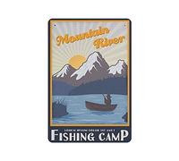 Cartel de hojalata de metal Campamento de pesca Cerca de la montaña Río Cartel de hojalata Letrero de aluminio de metal Decoración de pared vintage Cartel retro para bares Restaurantes Cafés Pubs De