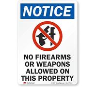 Cartel de la puerta SmartSign, leyenda"aviso: No Fuego/Armas allowed sobre propiedad," negro/azul/rojo sobre blanco