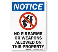 Cartel de la puerta SmartSign, leyenda "aviso: No Fuego/Armas allowed sobre propiedad," negro/azul/rojo sobre blanco, 14" x 10", Black/Blue/Red on White, 1