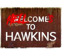 Cartel de lata con texto en inglés "Welcome to Hawkins,Hell comes to hawkins", 20,3 x 30,5 cm