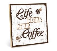 Cartel de madera Life Begins After Coffee - Shabby Chic Retro Vintage tipografía de pizarra de - Cartel de madera MDF, Madera, Madera de Diseño con texto/Cita/Aforismo como regalo decoración y para el tema de café, levantarse y encendido se (19,5 x 19,5 cm)