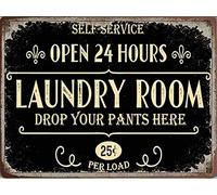 Cartel de madera rústica con texto en inglés "Open 24 Hours Laundry Room", 30 x 20 cm, divertido letrero de estaño para decoración de pared