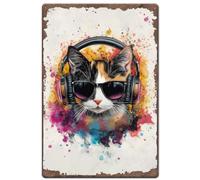 Cartel De Metal Auriculares Gato Música Animal Colorido Retro Placas Metálicas Divertido Metal Estaño Signo para Pared Cocina WC 20X30Cm