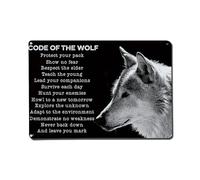 Cartel de metal con cita inspiradora de lobo con texto en inglés "Code of the Wolf" (Código del lobo) vintage, para jardín, dormitorio, cafetería, bar, hombre, cueva, hogar, decoración de pared