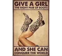 Cartel de metal con diseño de botas de leopardo con texto en inglés "Give A Girl The Right Pair of Boots and She Can Conquer The World" (Botas de leopardo dan a una niña el par correcto de botas y