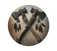 Cartel de metal con hacha de guerra y plumas de nativos americanos, estilo vintage, para el hogar, bar, jardín, decoración de pared, póster de metal de 8 x 8 pulgadas
