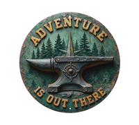 Cartel de metal con texto en inglés "Adventure Is Out There"